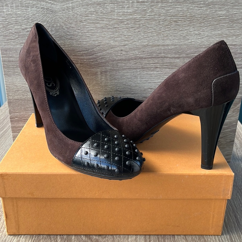Authentic Tod’s Brown Suede/Black Leather Dots Heels